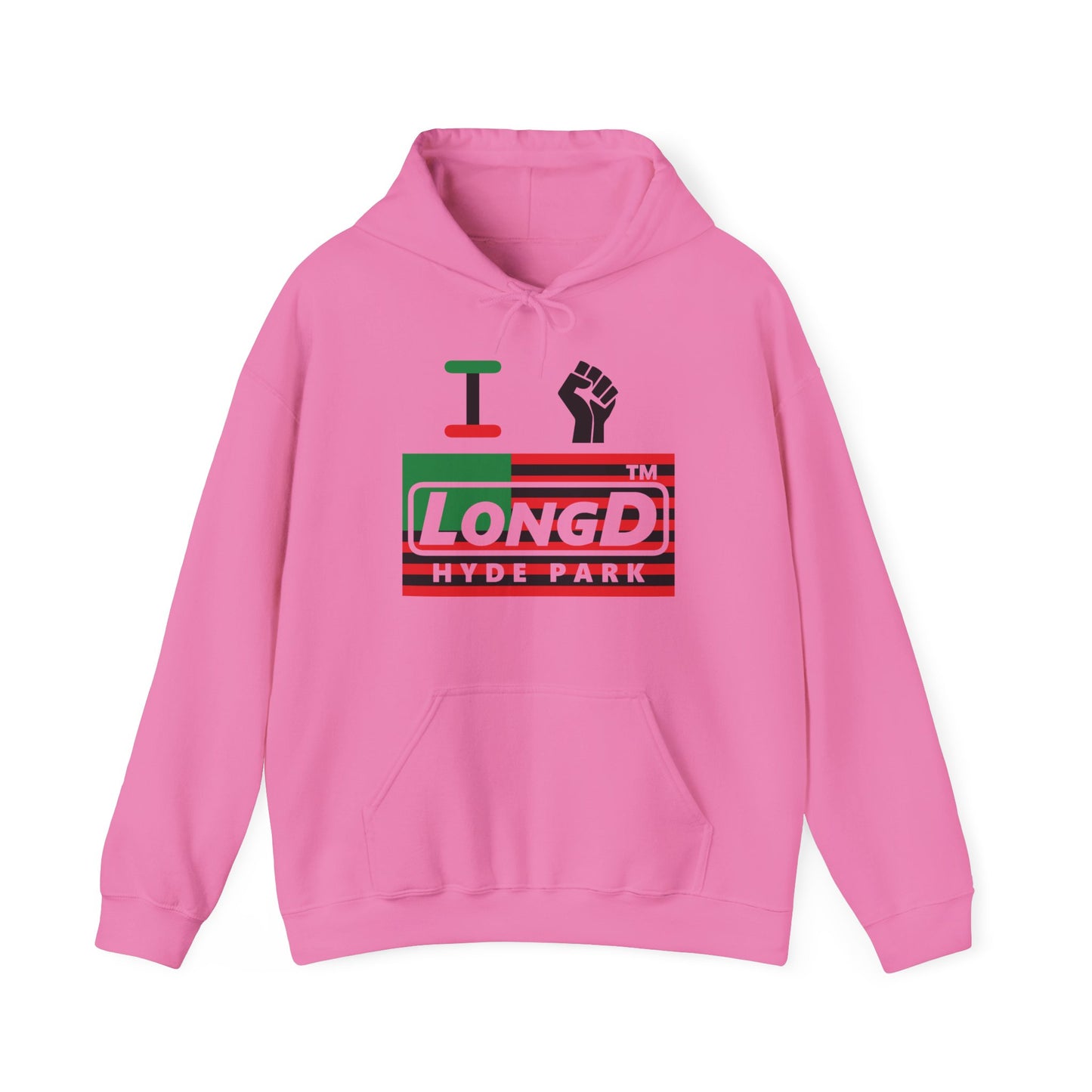 I fist LongD® negative flag Hyde Park logo Hoodie (Juneteenth colors)