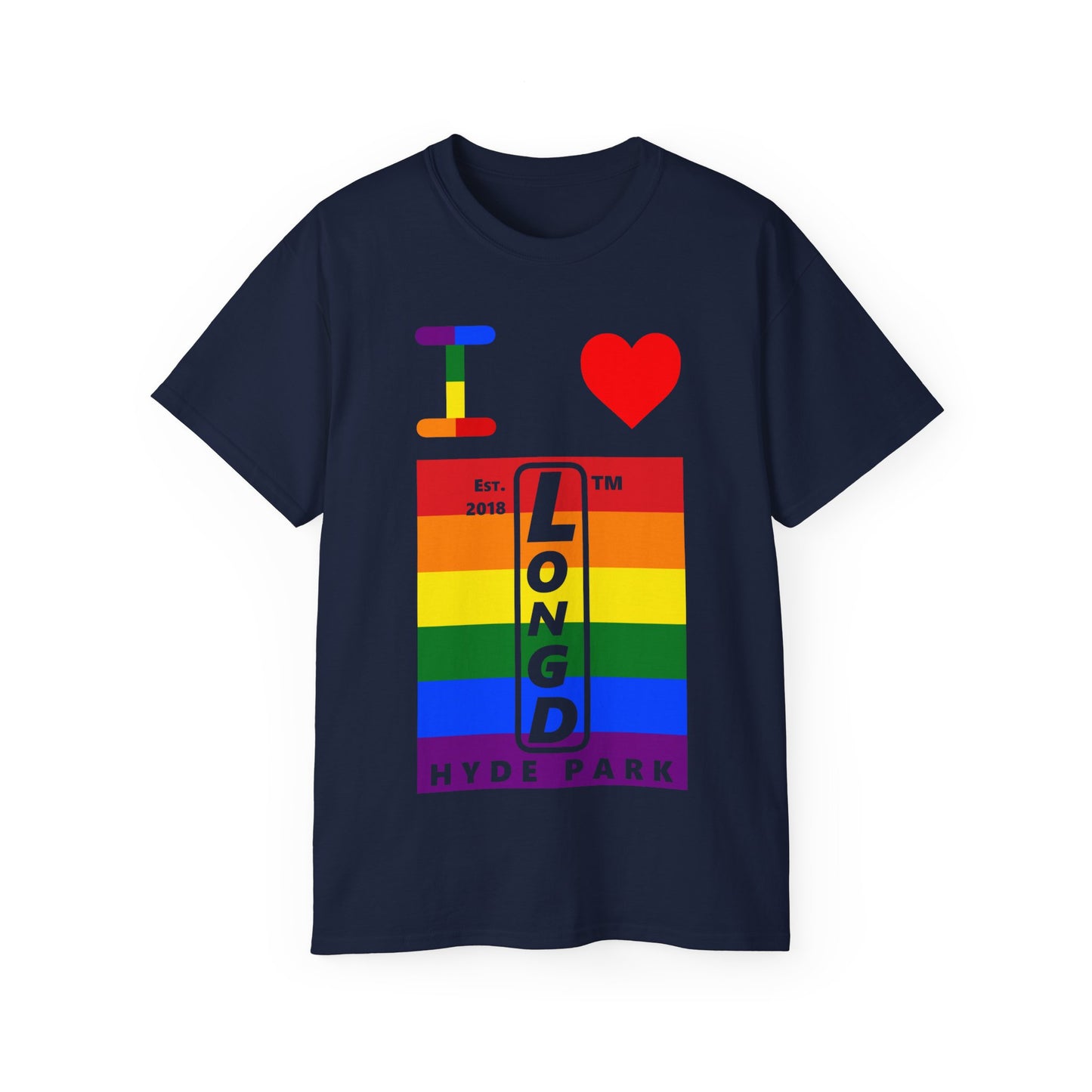 I Luv LongD Cotton Tee negative horizontal striped Hyde Park upright logo (Pride colors)