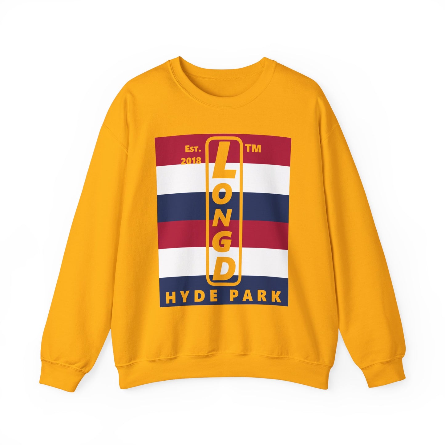 LongD negative horizontal 6-striped Hyde Park upright logo crewneck sweatshirt (patriotic colors)