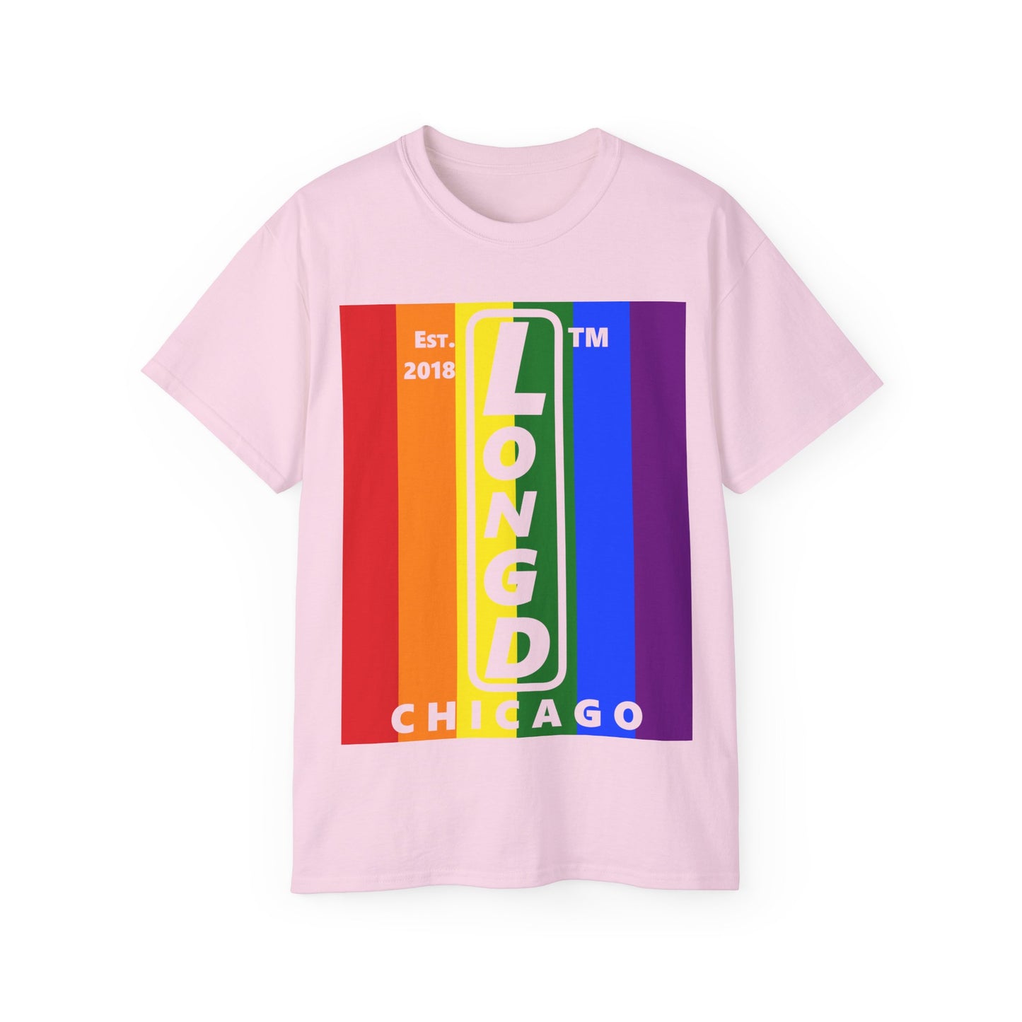 LongD Cotton Tee negative vertical striped Chicago upright logo (Pride colors)