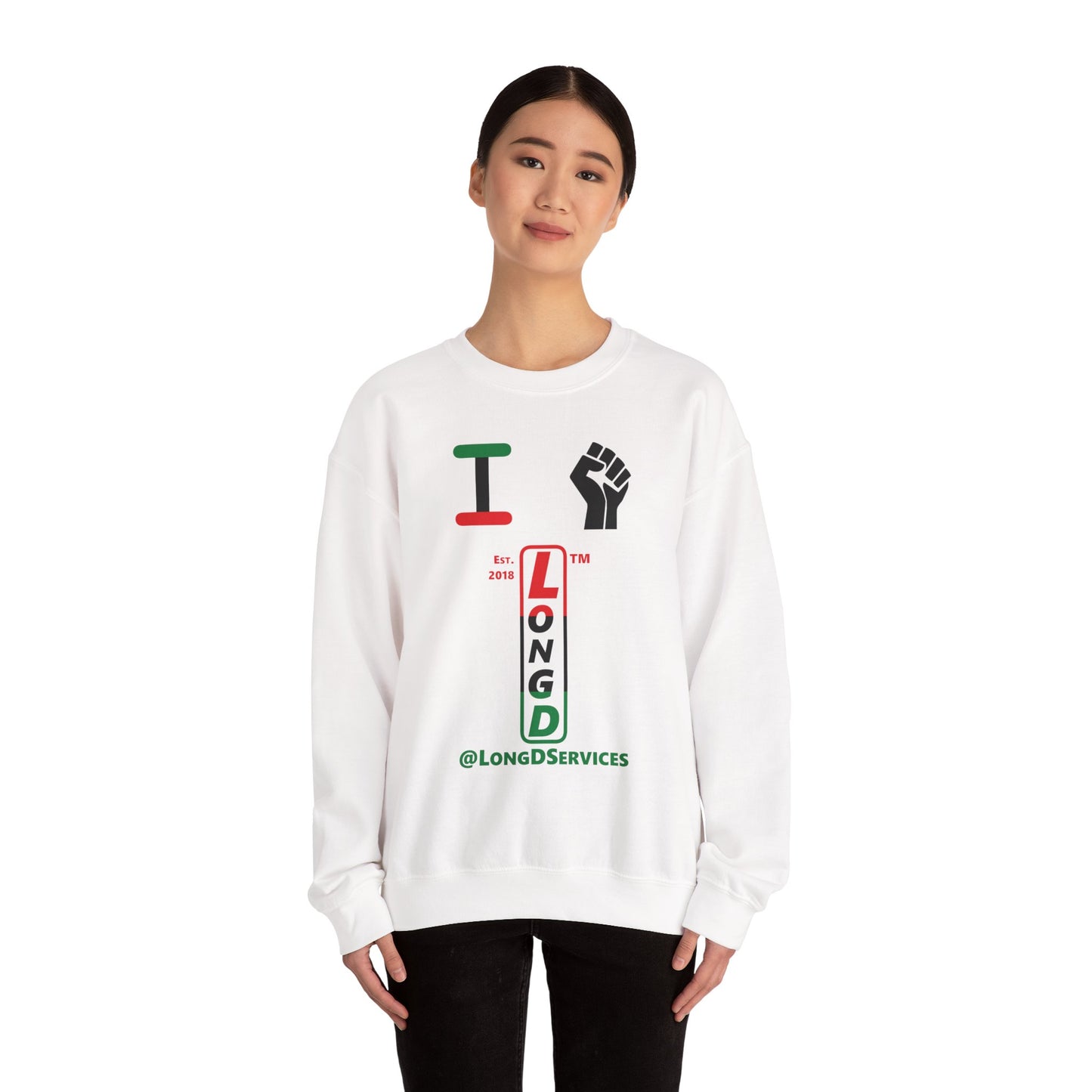 I Fist LongD positive horizontal 3-striped tag upright logo crewneck sweatshirt
