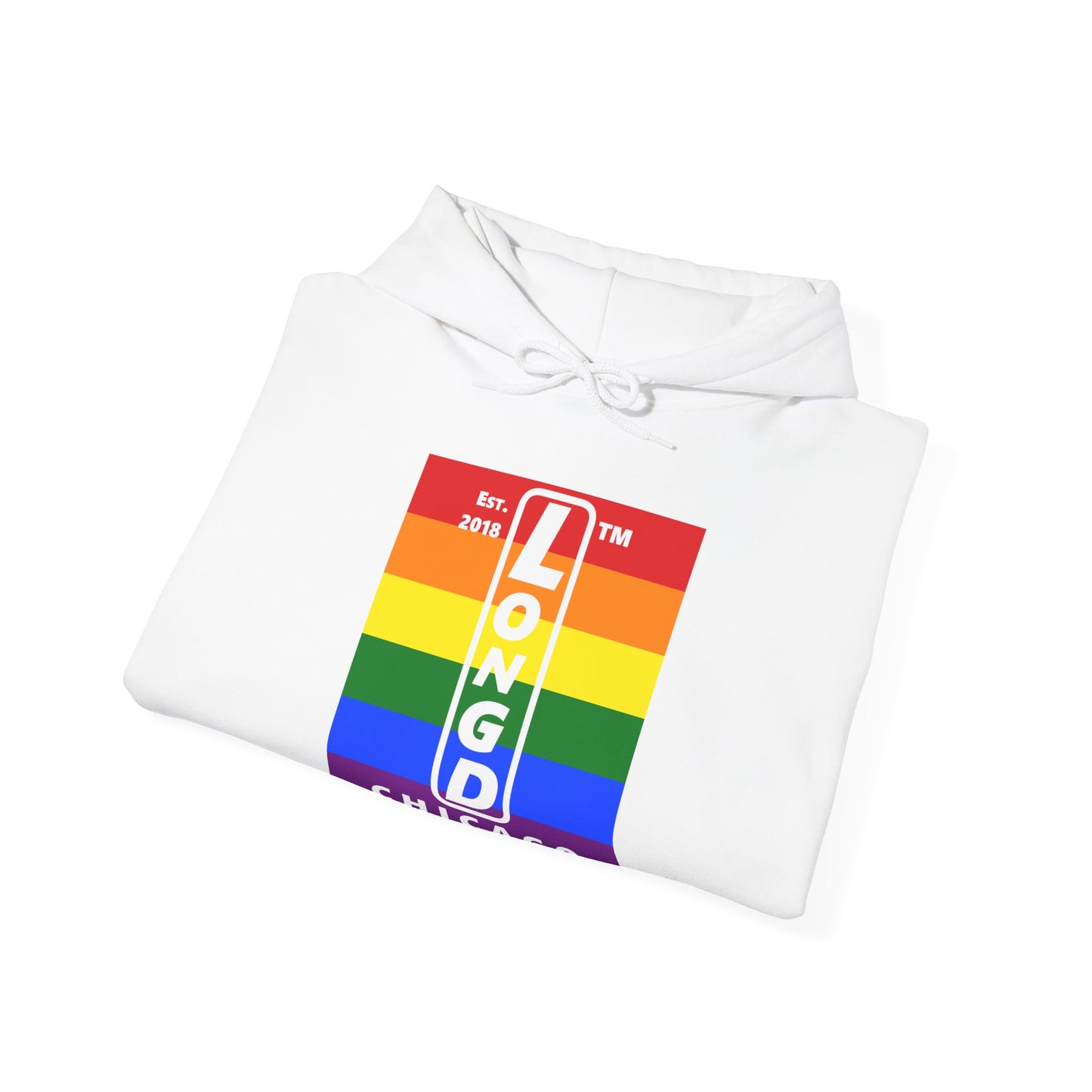LongD® negative horizontal 6-striped upright Chicago logo hoodie (Pride colors)