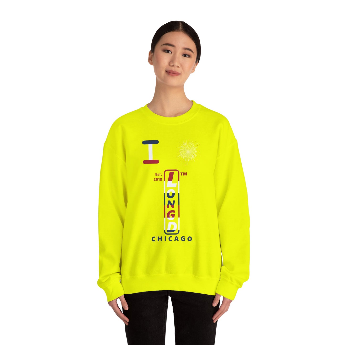 I Burst LongD positive horizontal 6-striped Chicago upright logo crewneck sweatshirt
