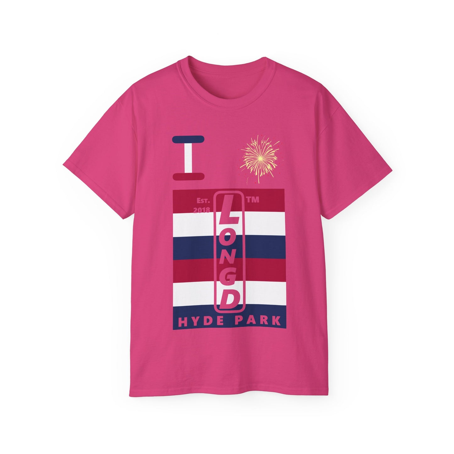 I Burst LongD cotton tee negative horizontal 6-striped Hyde Park upright logo (Patriotic colors)
