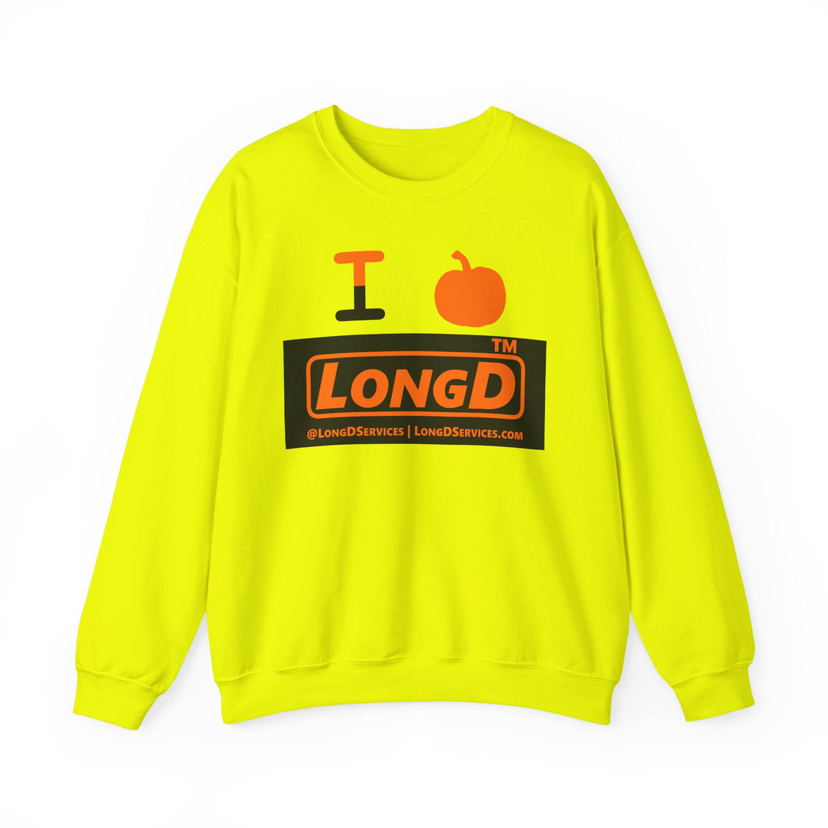 I pumpkin LongD Tag-domain logo positive orange on negative black crewneck sweatshirt