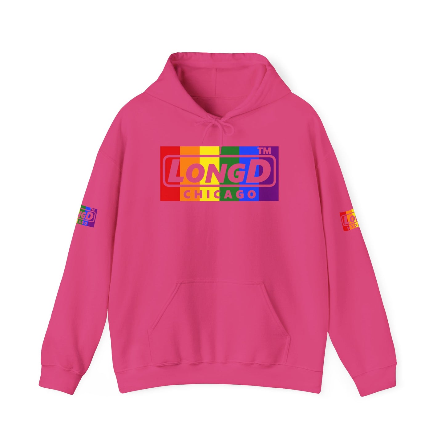 LongD® negative vertical striped 4-print Chicago logo hoodie (Pride colors)