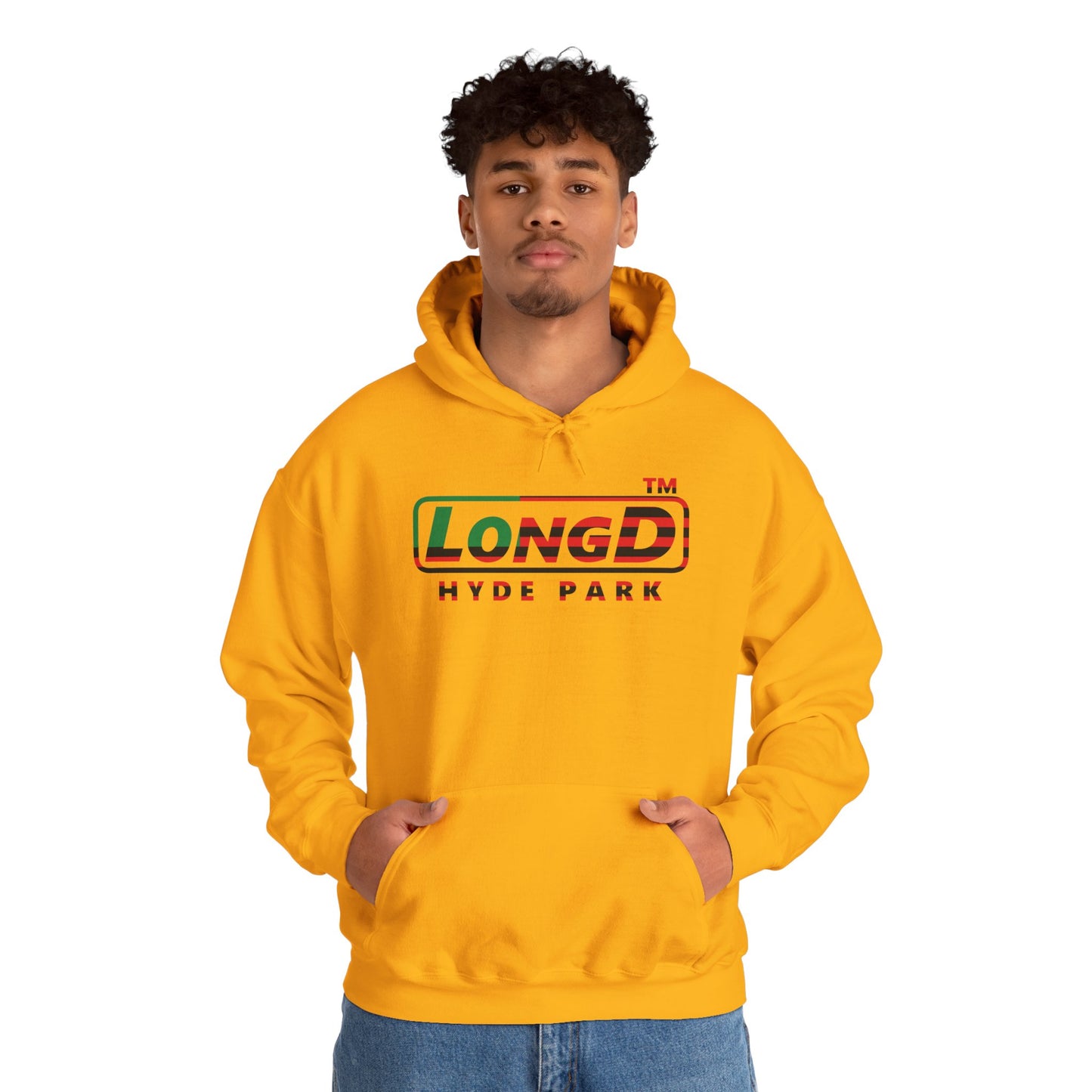 LongD® positive flag front-back Hyde Park logo Hoodie (Juneteenth colors)