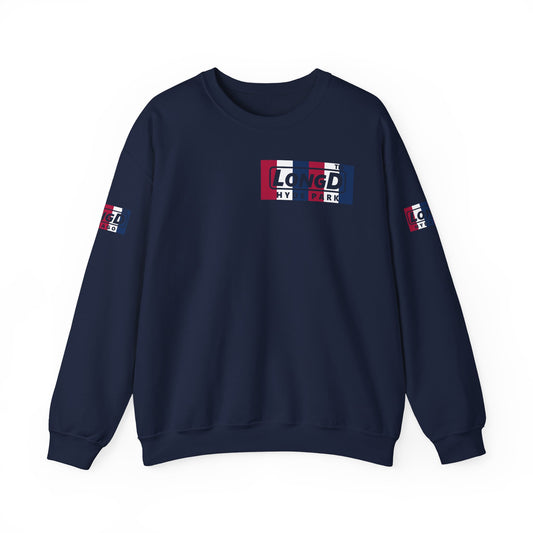 LongD negative vertical 6-striped 4-print single-breasted Hyde Park logo crewneck sweatshirt (patriotic colors)
