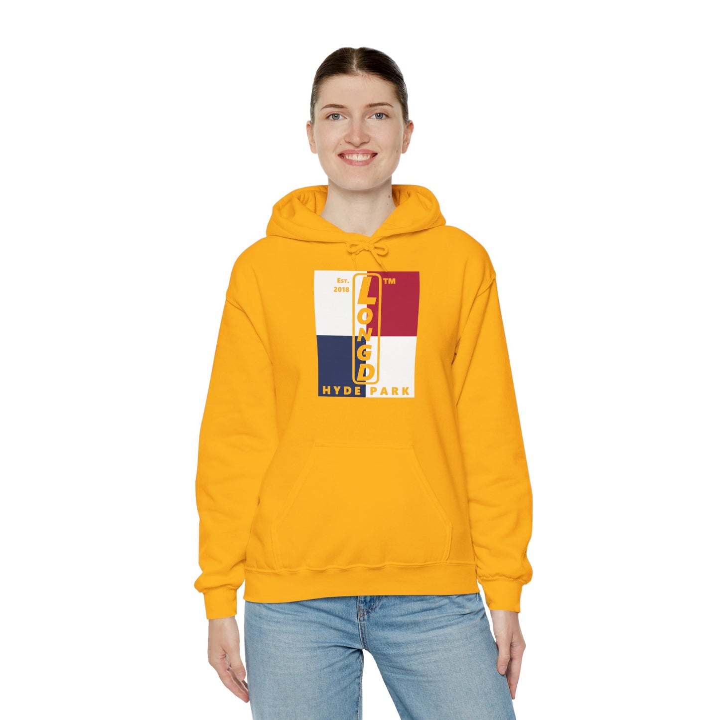 LongD® negative quarters upright Hyde Park logo hoodie (Patriotic colors)