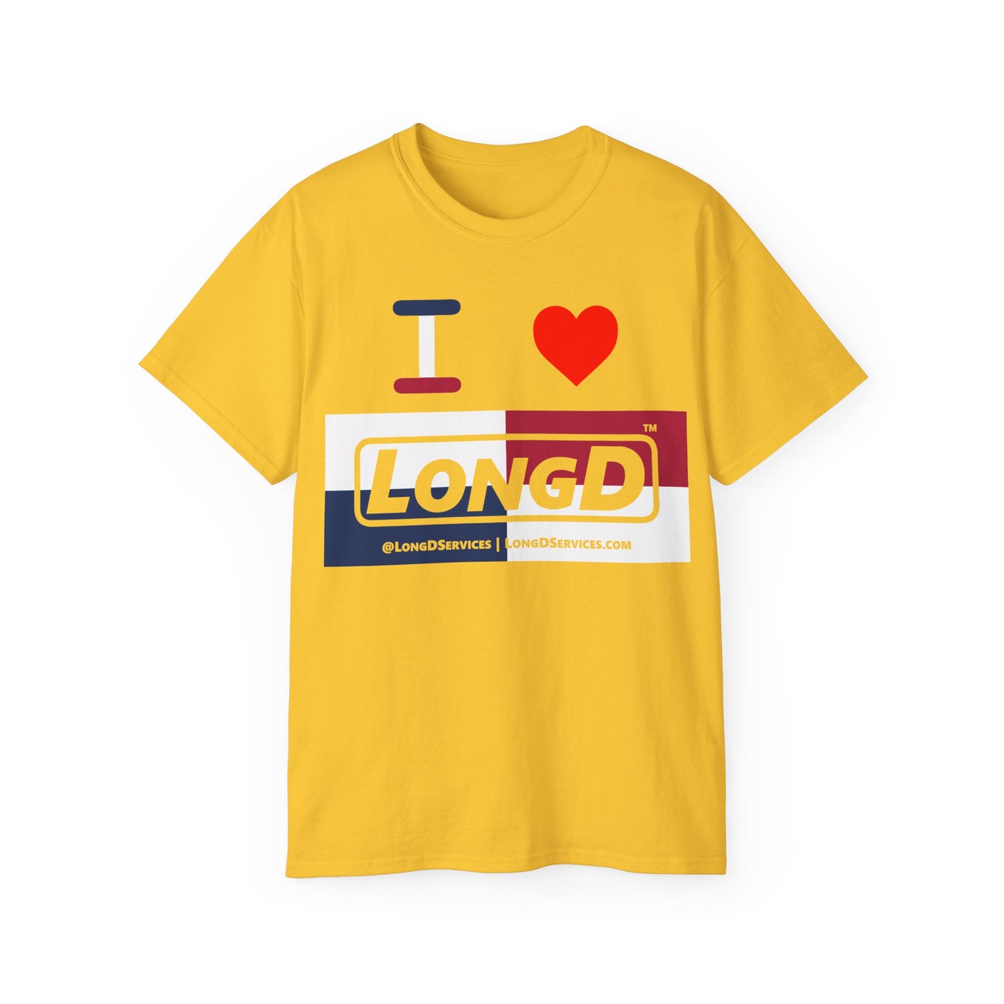 I Luv LongD® Logo Cotton Tee Red, White and Blue negative quarters text
