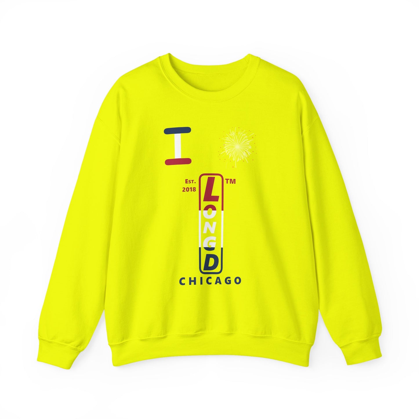 I Burst LongD positive horizontal 3-striped Chicago upright logo crewneck sweatshirt