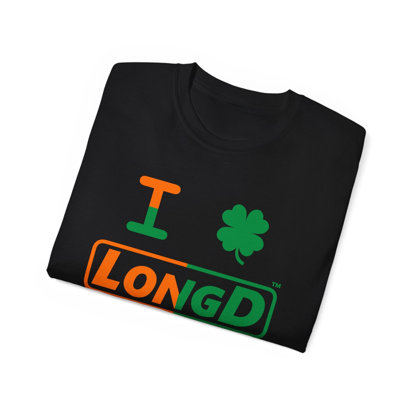I Clover LongD® Logo Cotton Tee (St. Patrick's Day -Irish Green and Irish Orange right-left split with 4-leaf clover)
