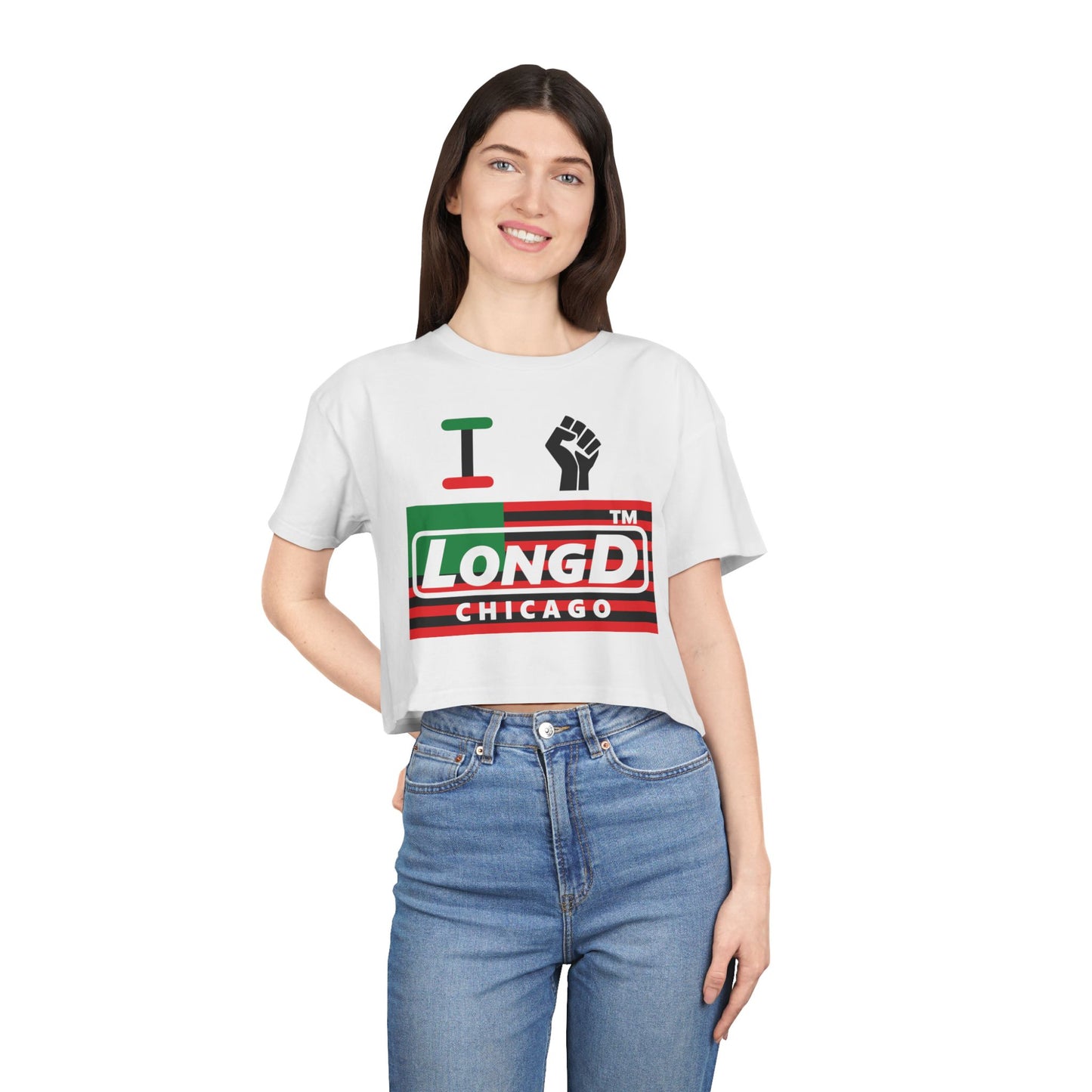 I fist LongD negative flag Chicago logo crop tee