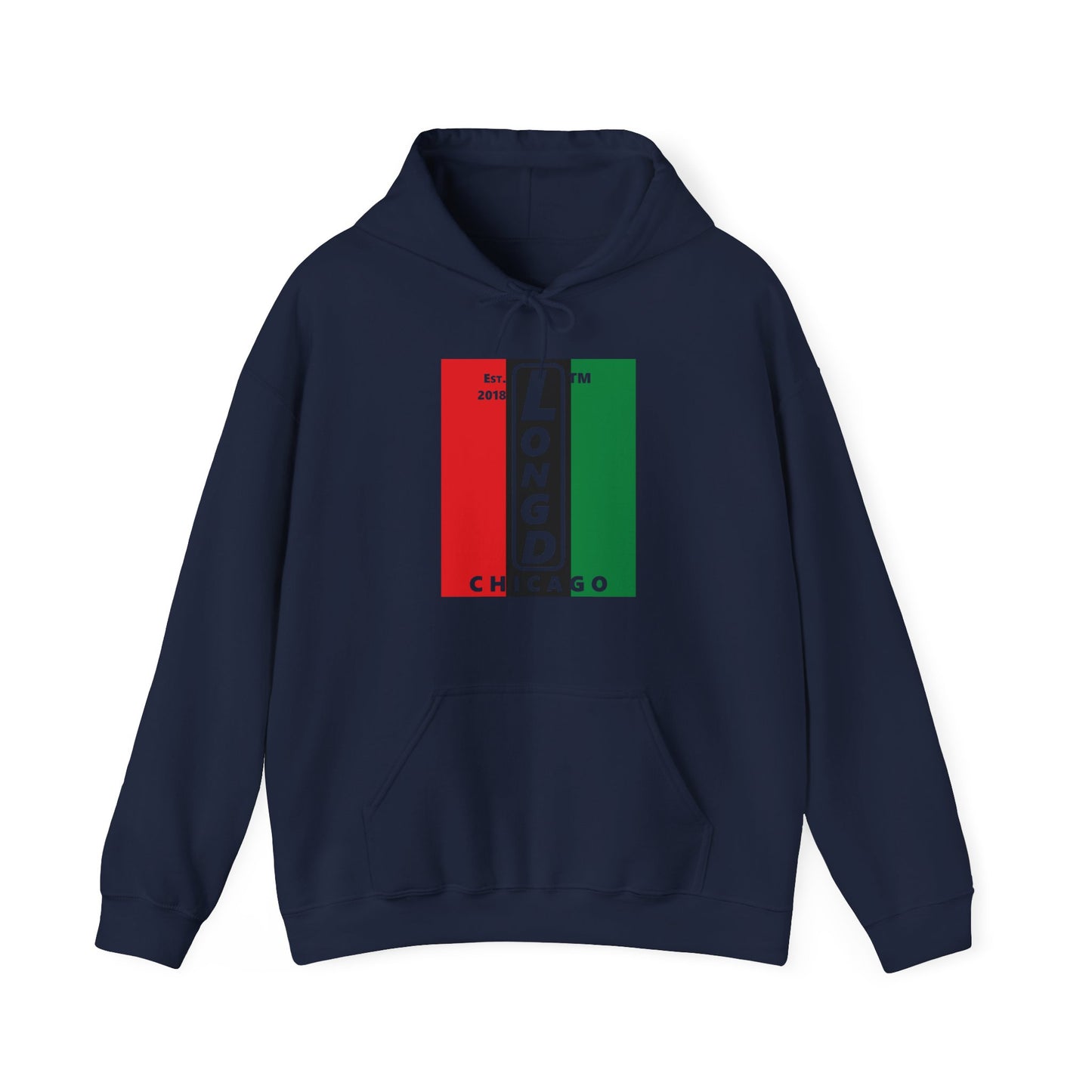 LongD® negative vertical 3-striped upright Chicago logo hoodie (Juneteenth colors)
