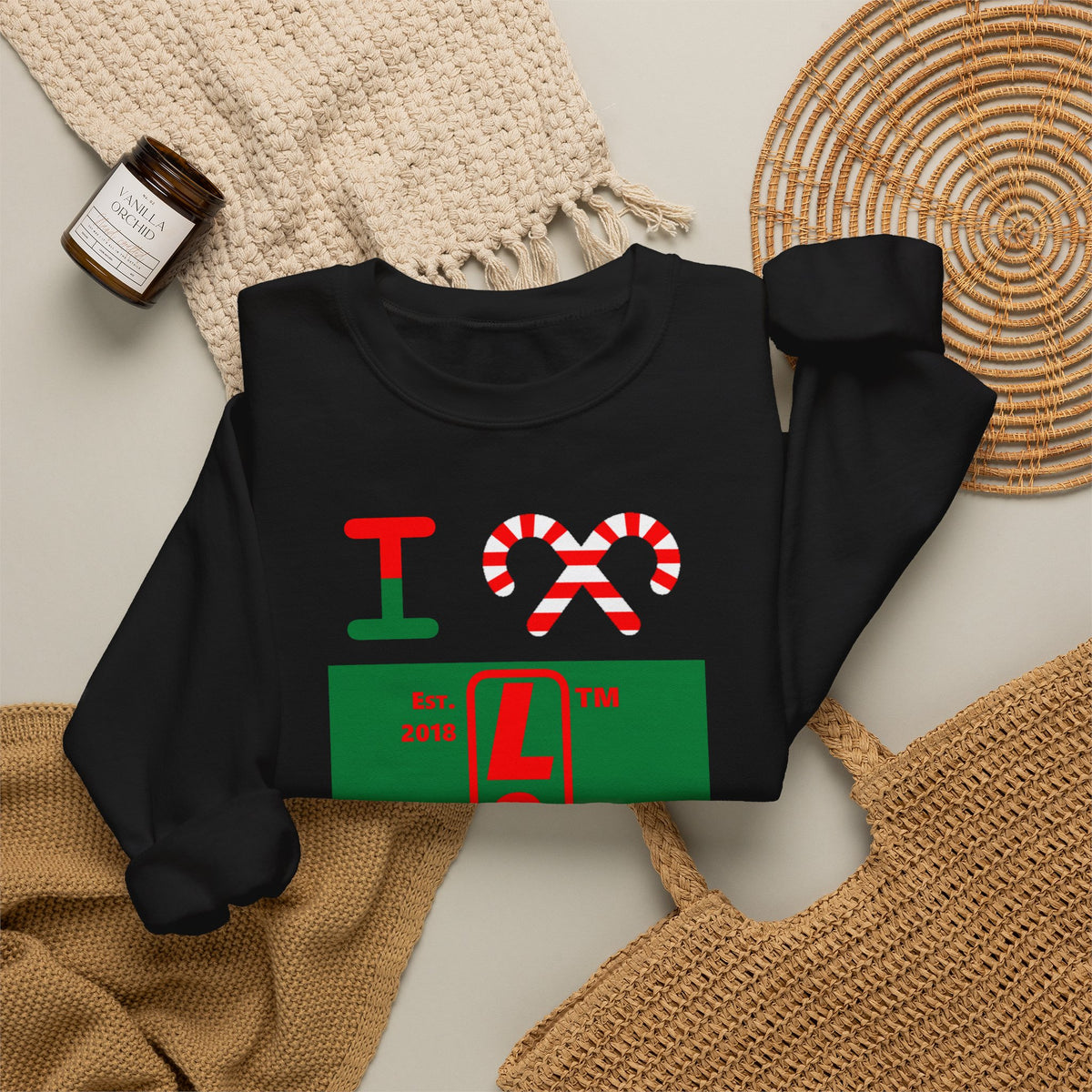 I candy cane LongD Chicago upright front-back logo positive red on negative green crewneck sweatshirt