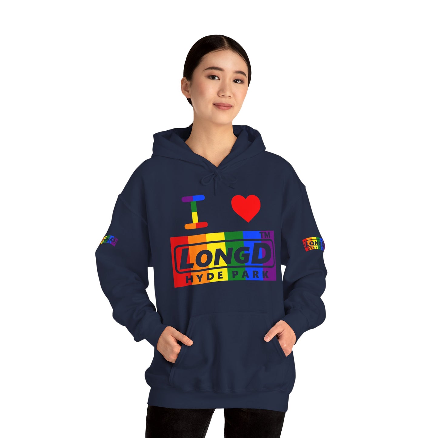 I Luv LongD® negative vertical striped 4-print Hyde Park logo hoodie (Pride colors)