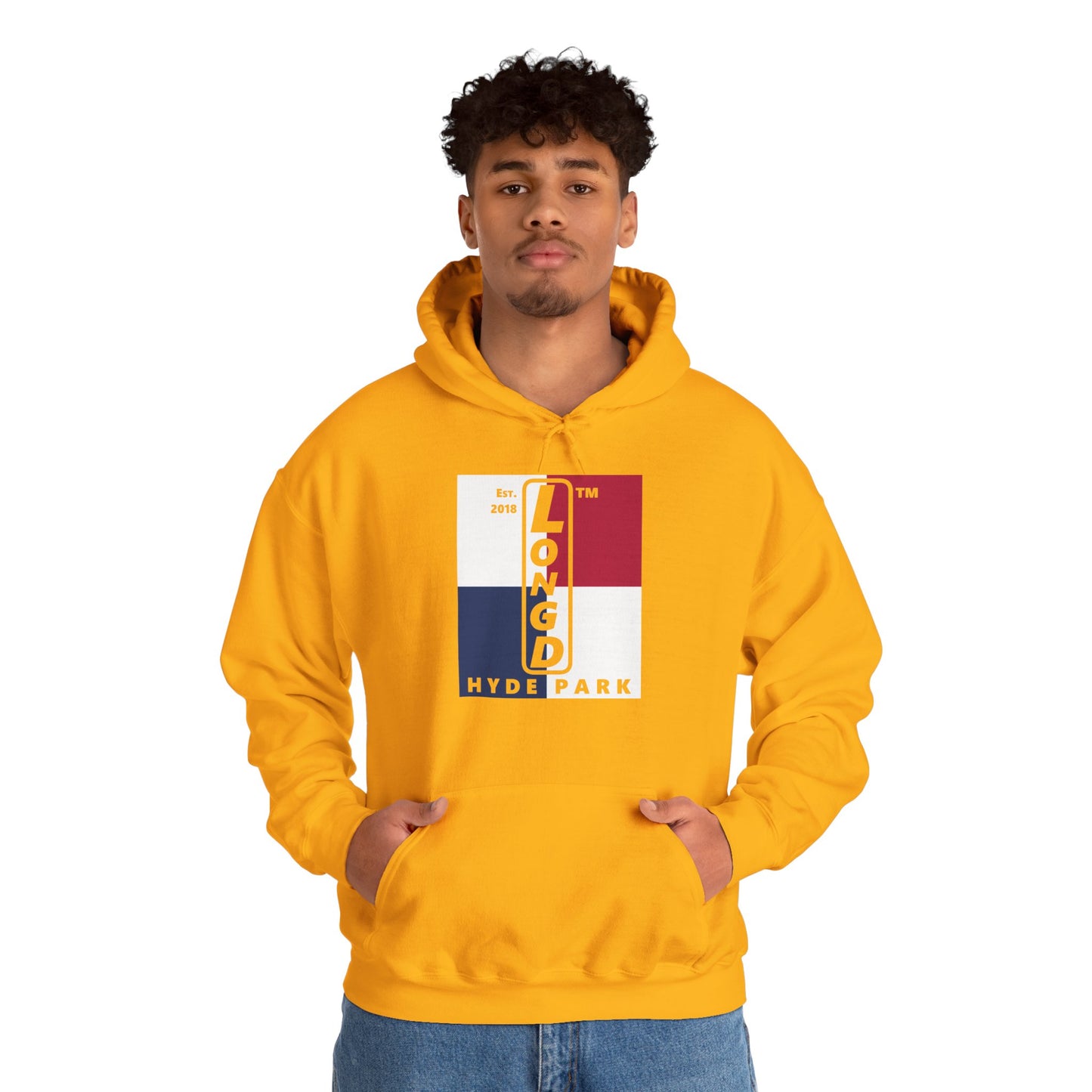 LongD® negative quarters upright Hyde Park logo hoodie (Patriotic colors)