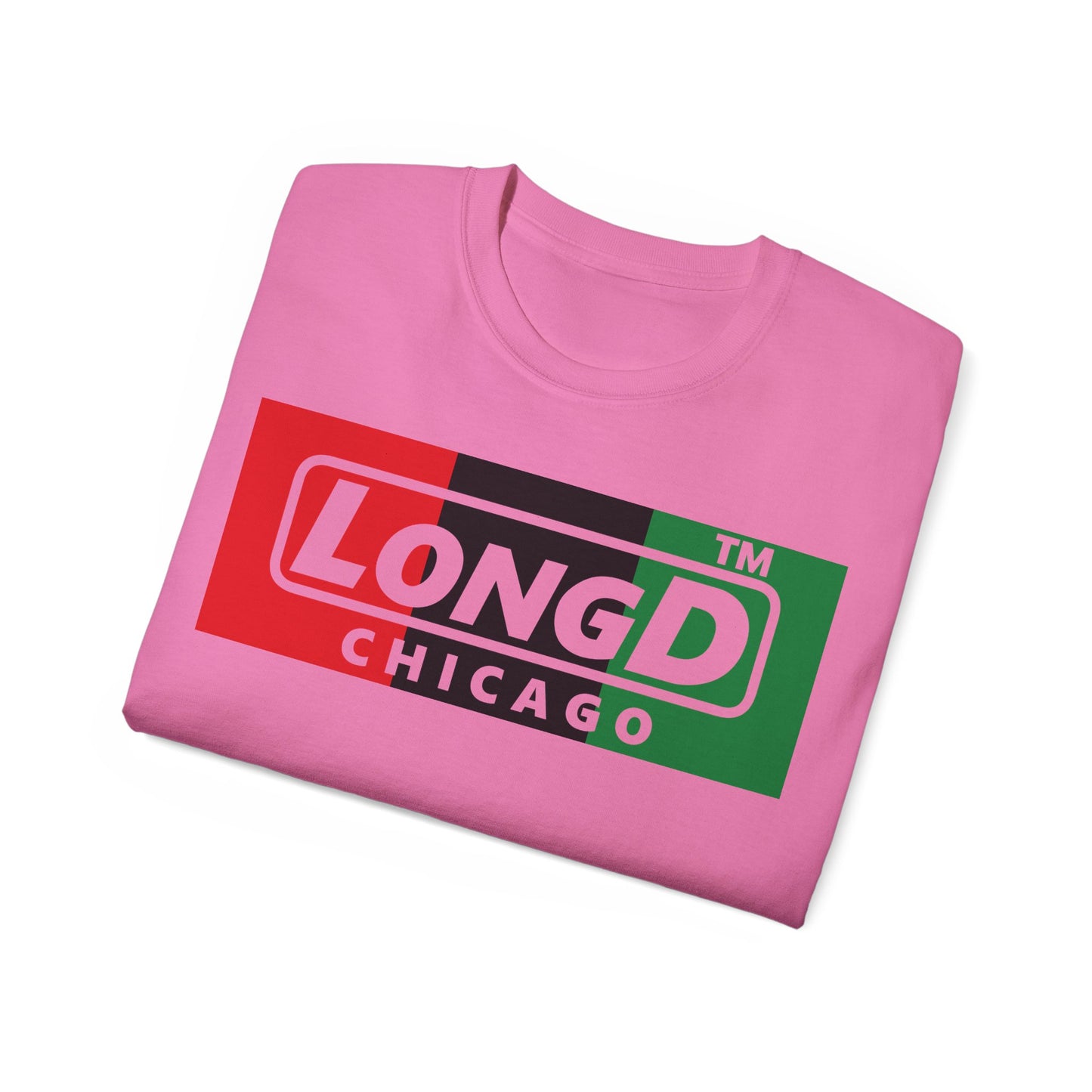 LongD negative vertical 3-striped Chicago logo cotton tee (Juneteenth colors)