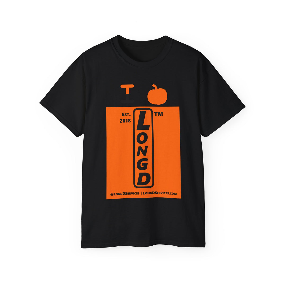 I pumpkin LongD Tag-domain upright logo positive black on negative orange cotton tee