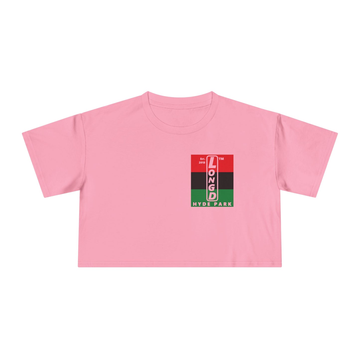 Negative horizontal 3-striped upright single-breasted Hyde Park logo crop tee (Juneteenth colors)