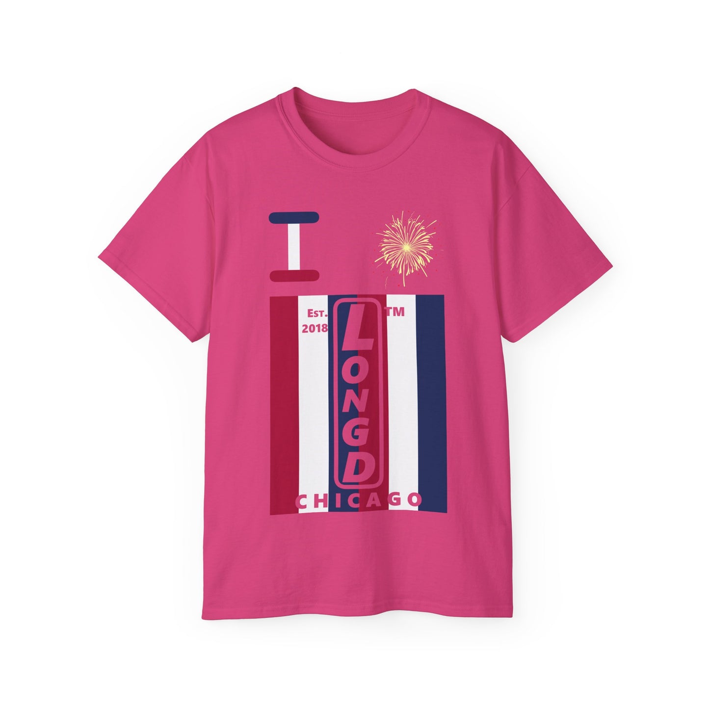 I Burst LongD cotton tee negative vertical 6-striped Chicago upright logo (Patriotic colors)