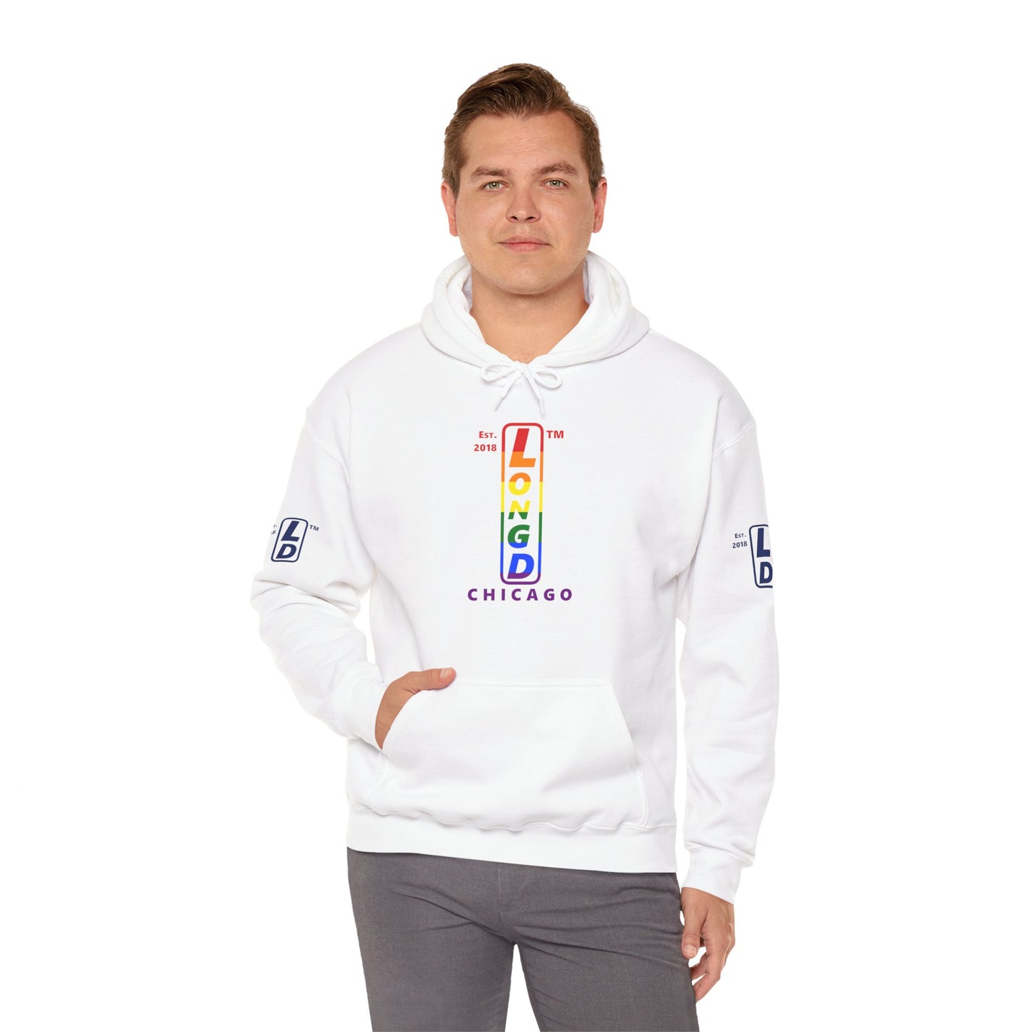 LongD® positive horizontal 6-striped Chicago 4-print upright logo hoodie (Pride colors)