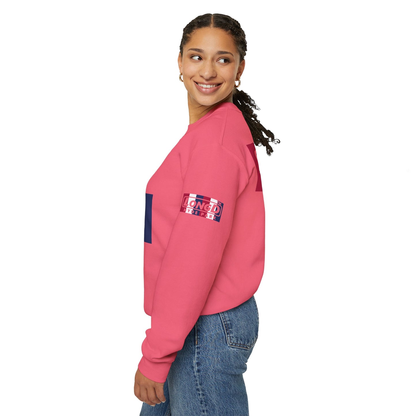 I firecracker LongD positive vertical 6-striped 4-print Chicago logo crewneck sweatshirt
