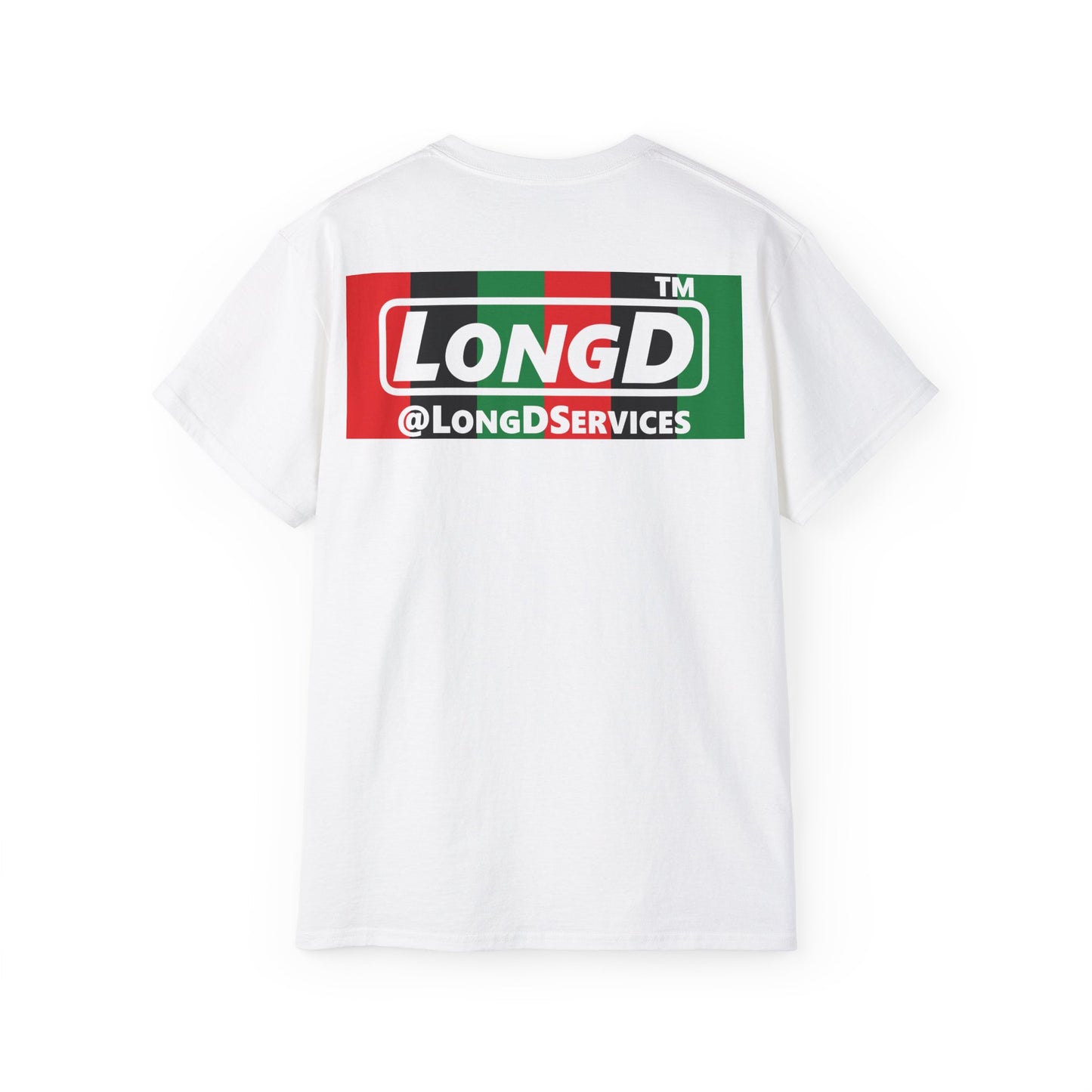 LongD negative vertical 6-striped Chicago logo front-back cotton tee (Juneteenth colors)
