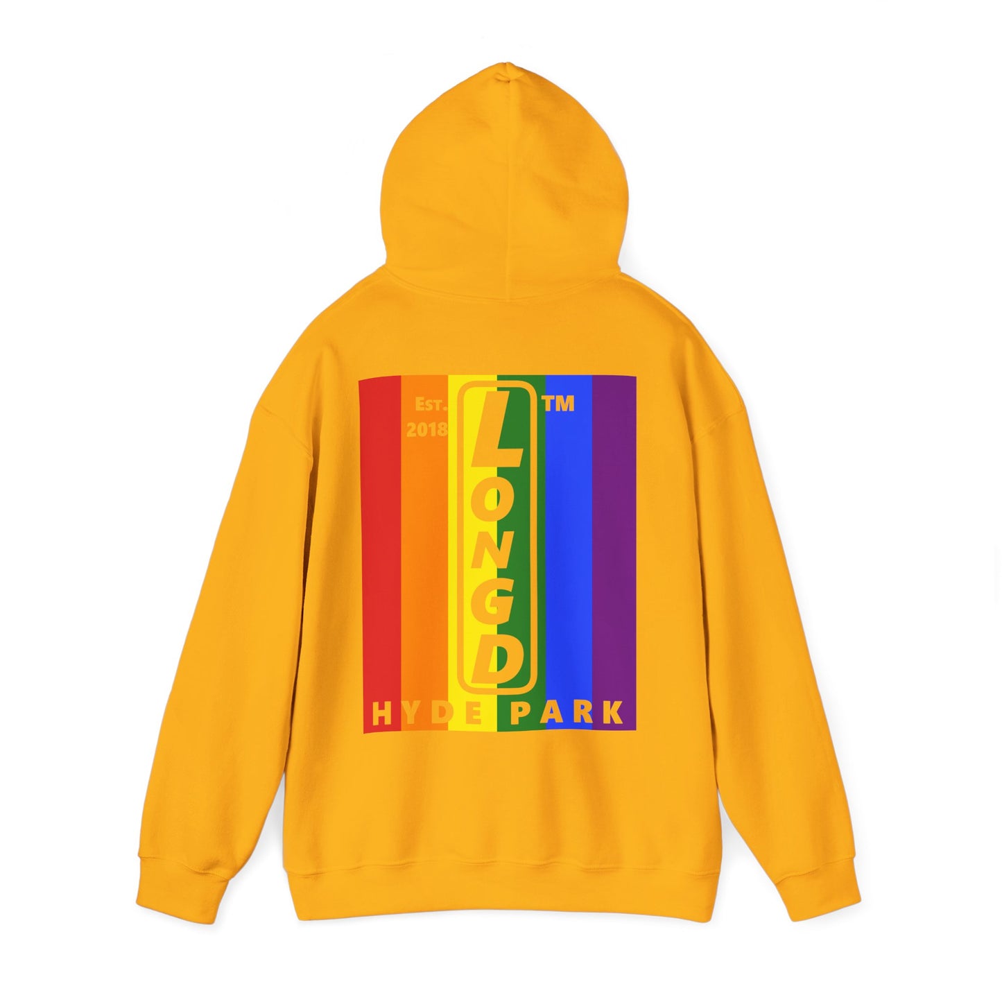 LongD single-breasted negative vertical 6-striped front-back upright Hyde Park logo hoodie (Pride colors)