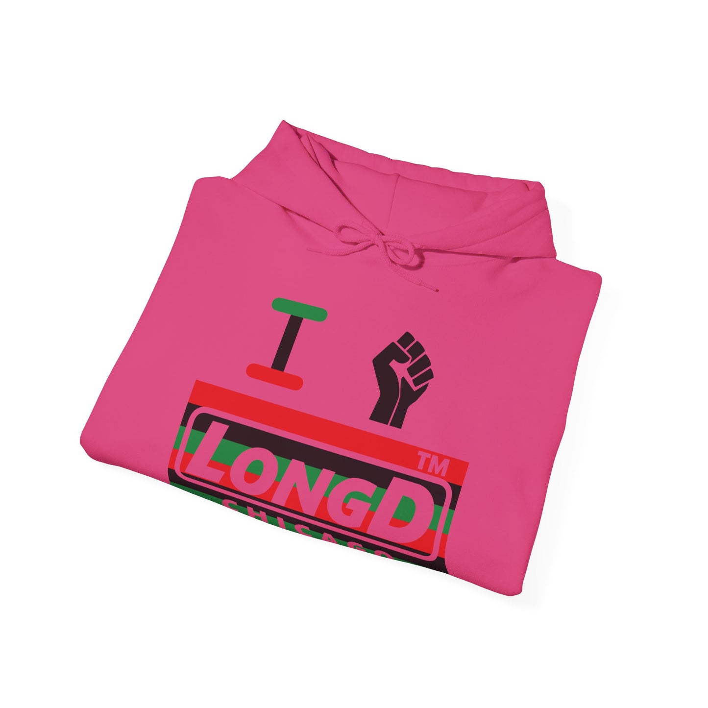 I fist LongD® negative horizontal 6-striped Chicago logo Hoodie (Juneteenth colors)