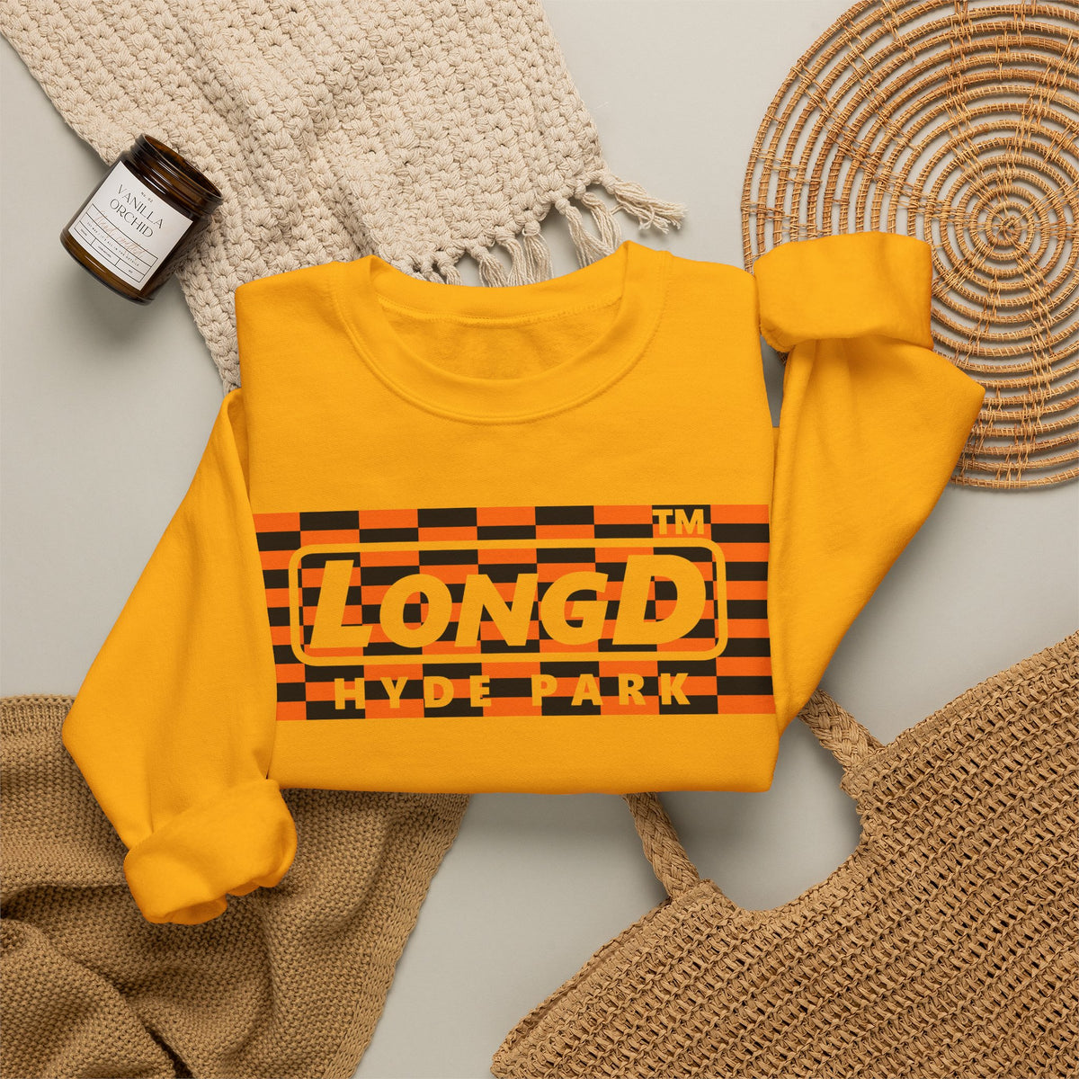 LongD Hyde Park negative tiled logo (Halloween colors) crewneck sweatshirt