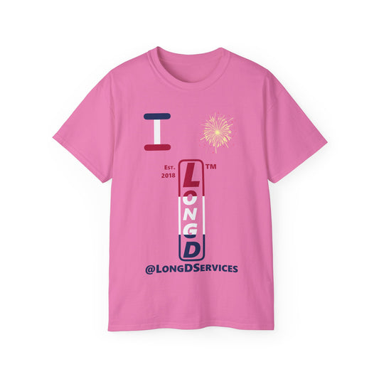 I Burst LongD cotton tee positive horizontal 3-striped tag upright logo (Patriotic colors)