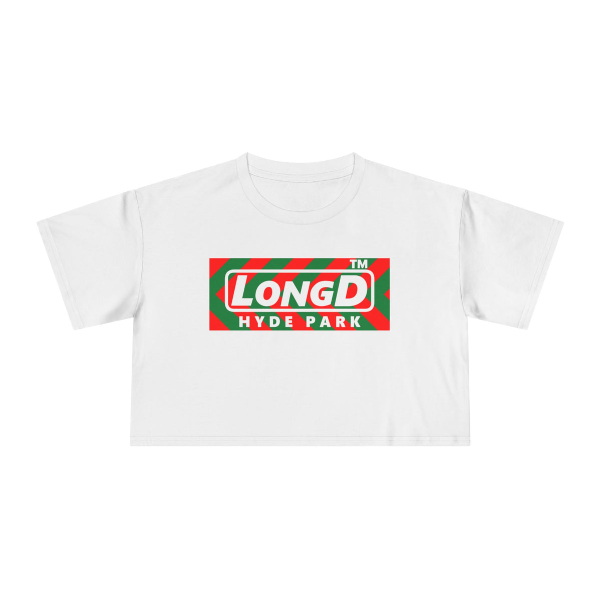 LongD Hyde Park negative leftward chevron logo (Xmas colors) crop tee