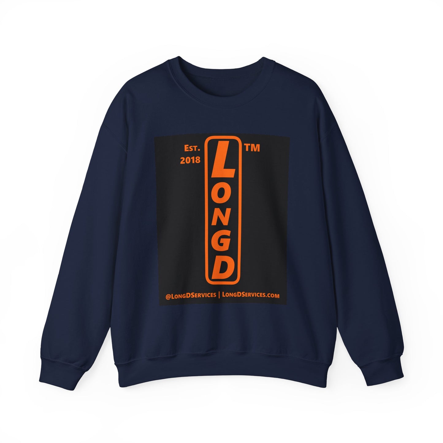 LongD Tag-domain upright front-back logo orange (FE7518) on Black (000000) crewneck sweatshirt