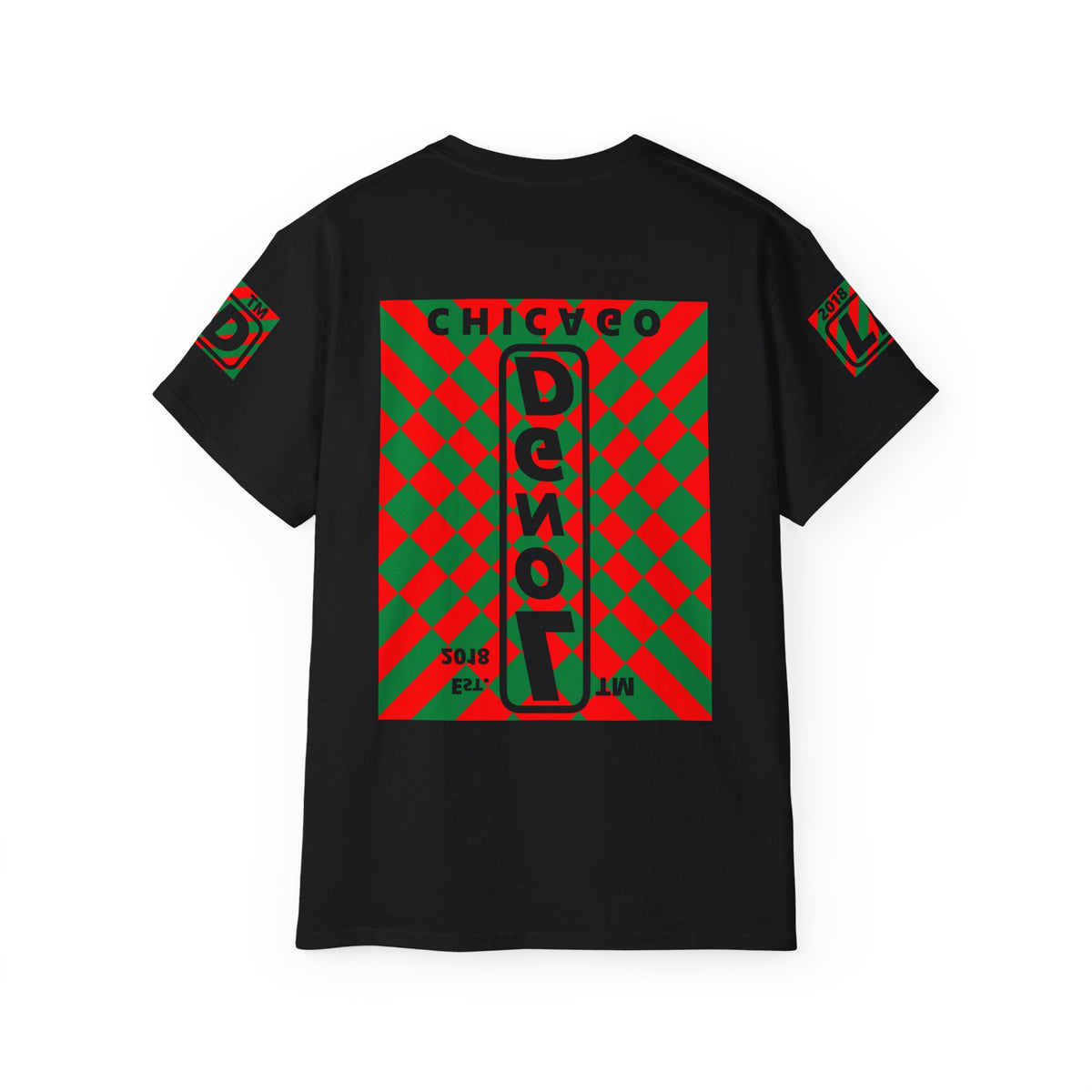 LongD Chicago negative upright stylized argyle 4-print logo (Xmas colors) cotton tee