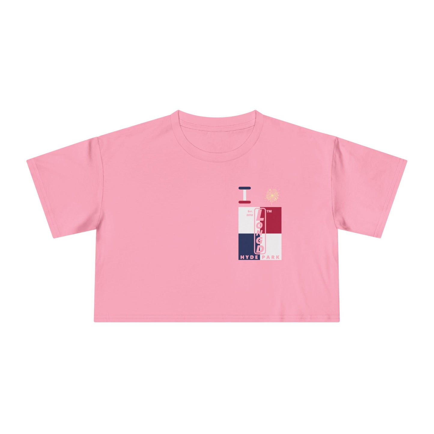 I burst LongD negative quarters upright single-breasted Hyde Park logo crop tee