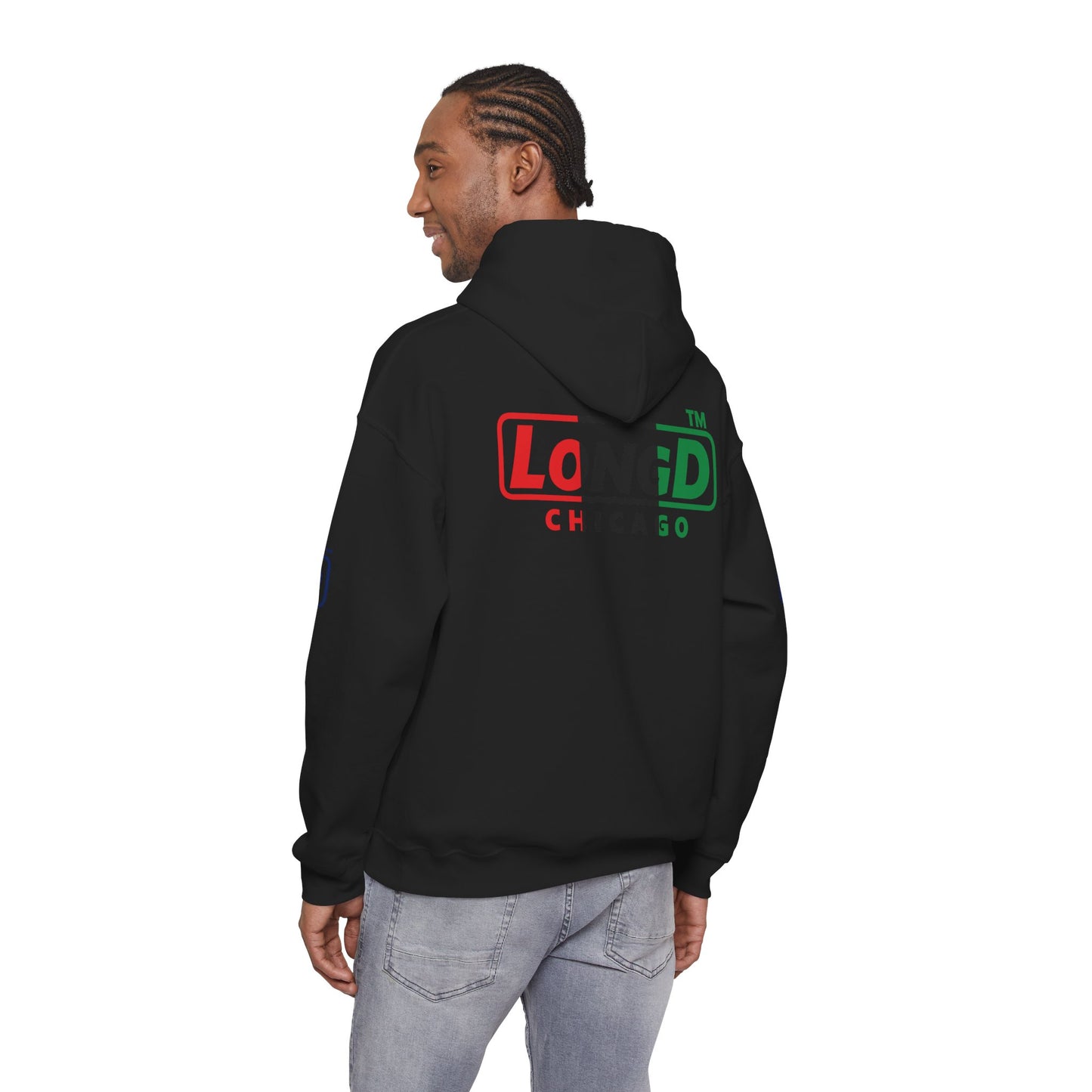 LongD® positive vertical 3-striped 4-print single-breasted Chicago logo Hoodie (Juneteenth colors)