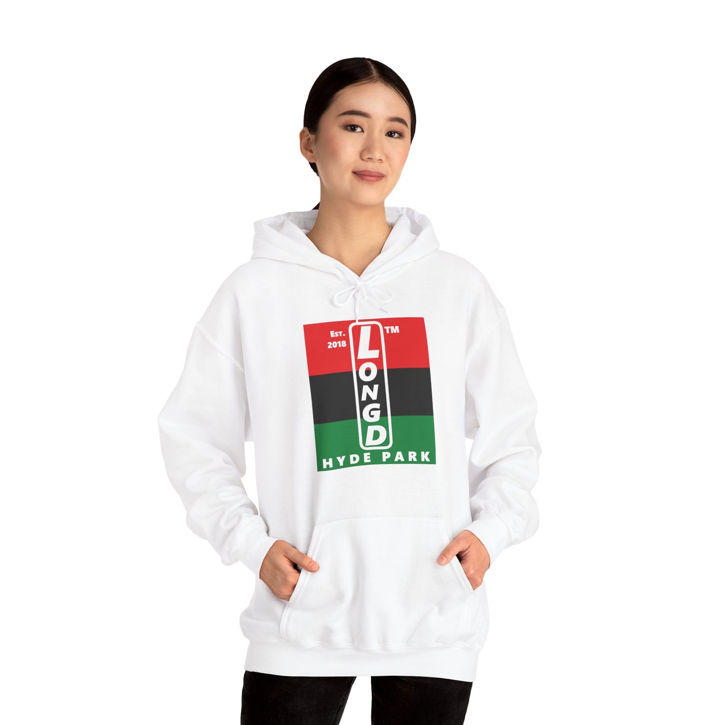 LongD® negative horizontal 3-striped upright Hyde Park logo hoodie (Juneteenth colors)