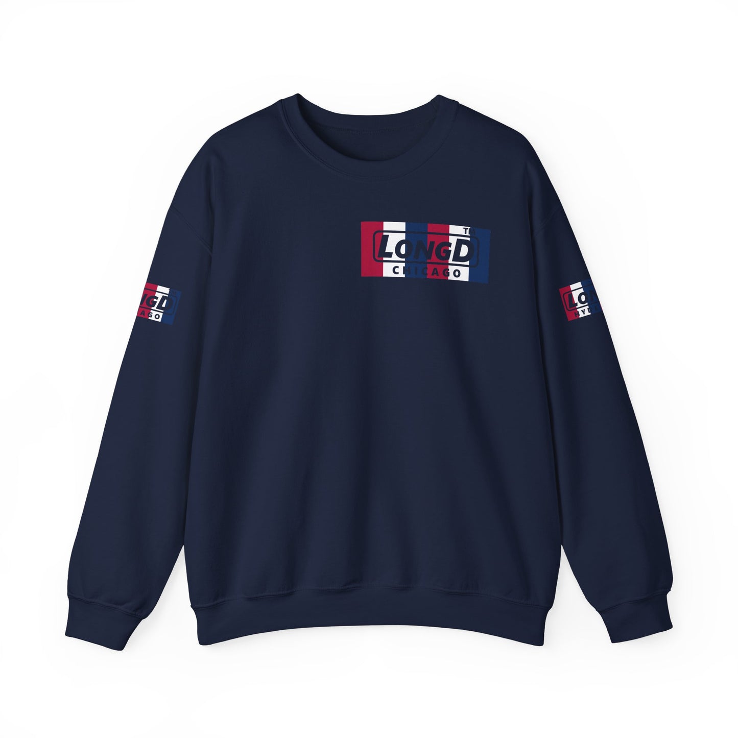 LongD negative vertical 6-striped 4-print single-breasted Chicago logo crewneck sweatshirt (patriotic colors)
