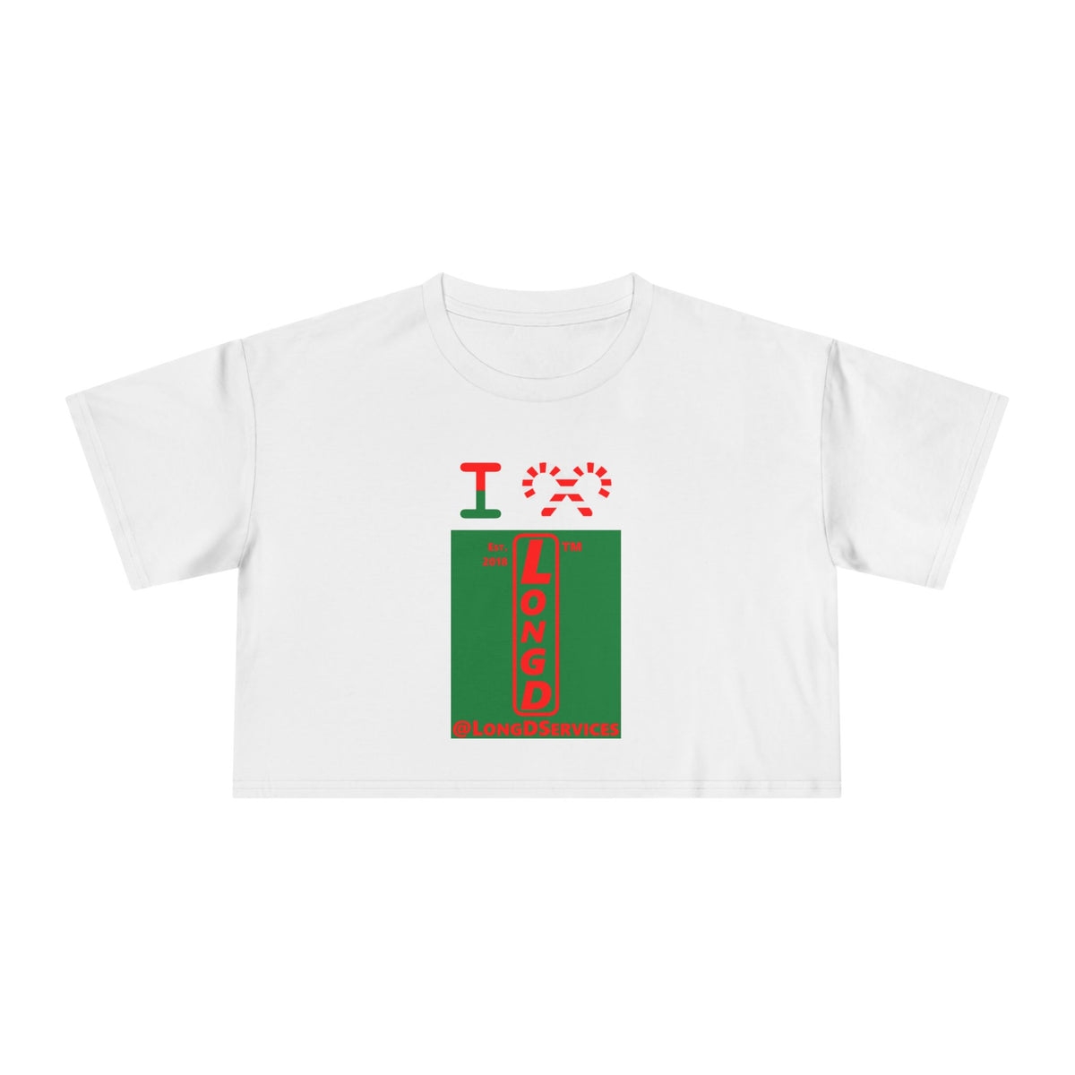 I candy cane LongD Tag upright front-back logo positive red on negative green crop tee