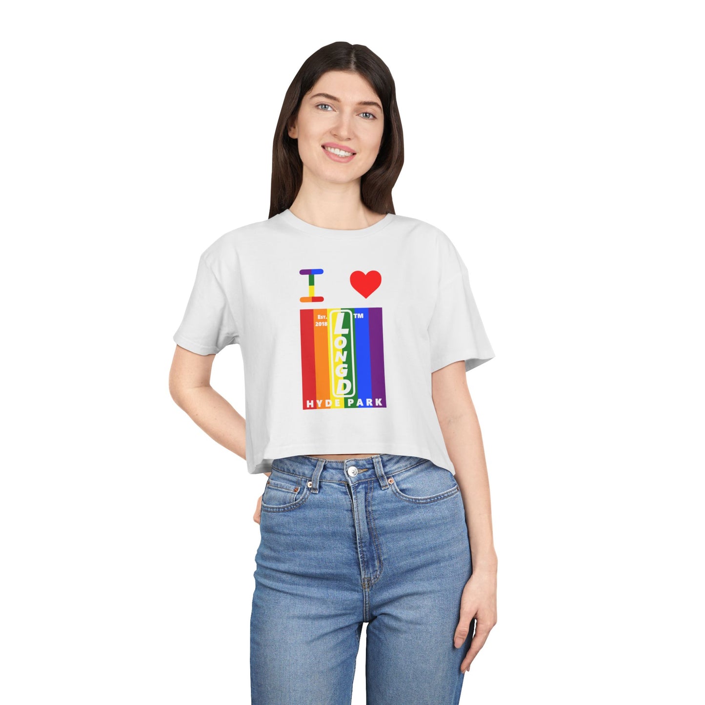 I Luv LongD Mixed horizontal 6-striped upright front-back Hyde Park logo crop tee (Pride colors)