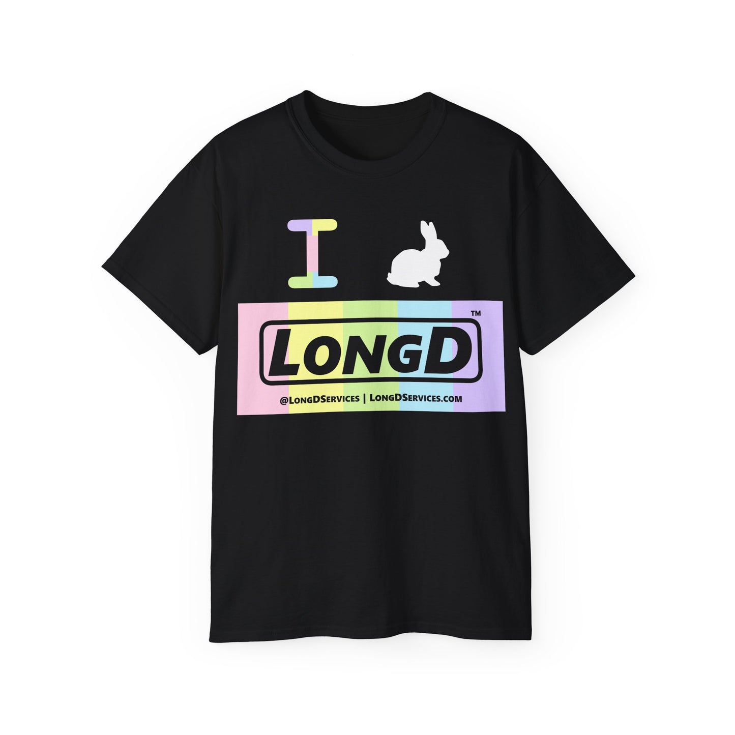 I Bunny LongD® Logo Cotton Tee Easter pastel spectrum negative text (white Easter Bunny)