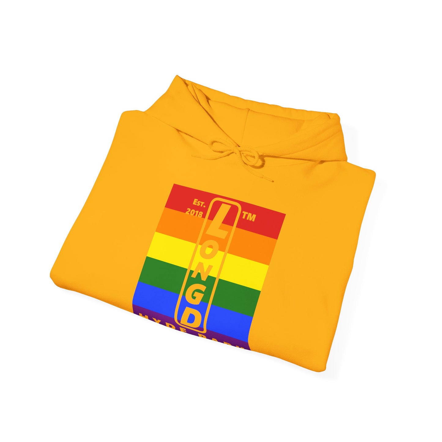 LongD® negative horizontal 6-striped upright Hyde Park logo hoodie (Pride colors)