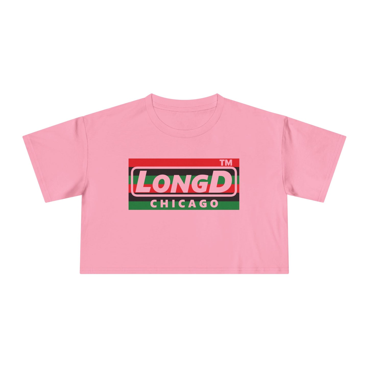 LongD negative horizontal 6-striped Chicago logo crop tee (Juneteenth colors)