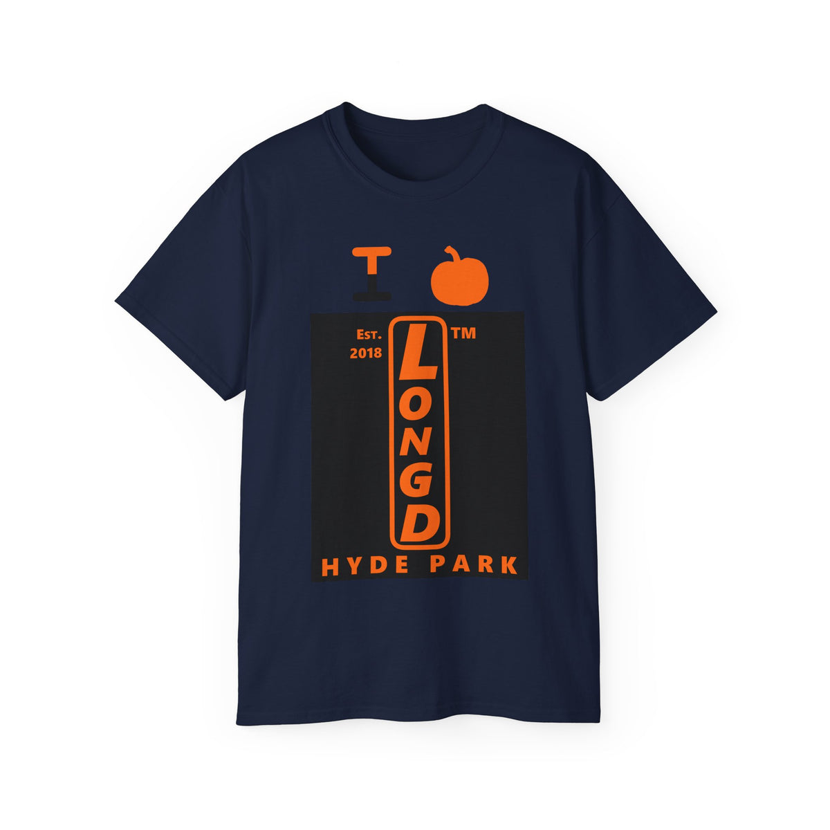 I pumpkin LongD Hyde Park upright logo positive orange on negative black cotton tee