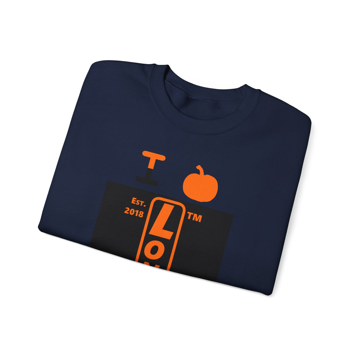 I pumpkin LongD Tag upright logo positive orange on negative black crewneck sweatshirt