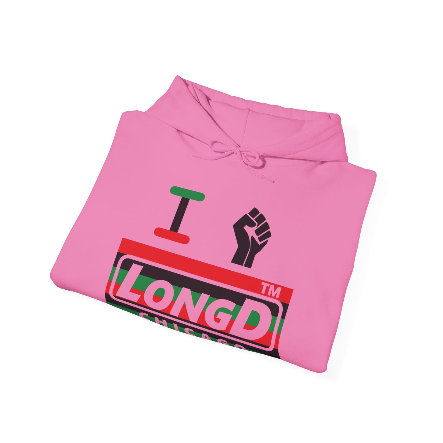 I fist LongD® negative horizontal 6-striped Chicago logo Hoodie (Juneteenth colors)