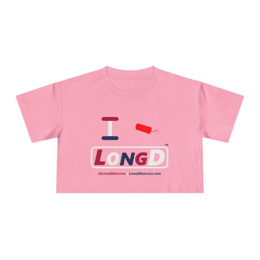 I Firecracker LongD Logo Women's Crop Tee Red, White & Blue positive varied text