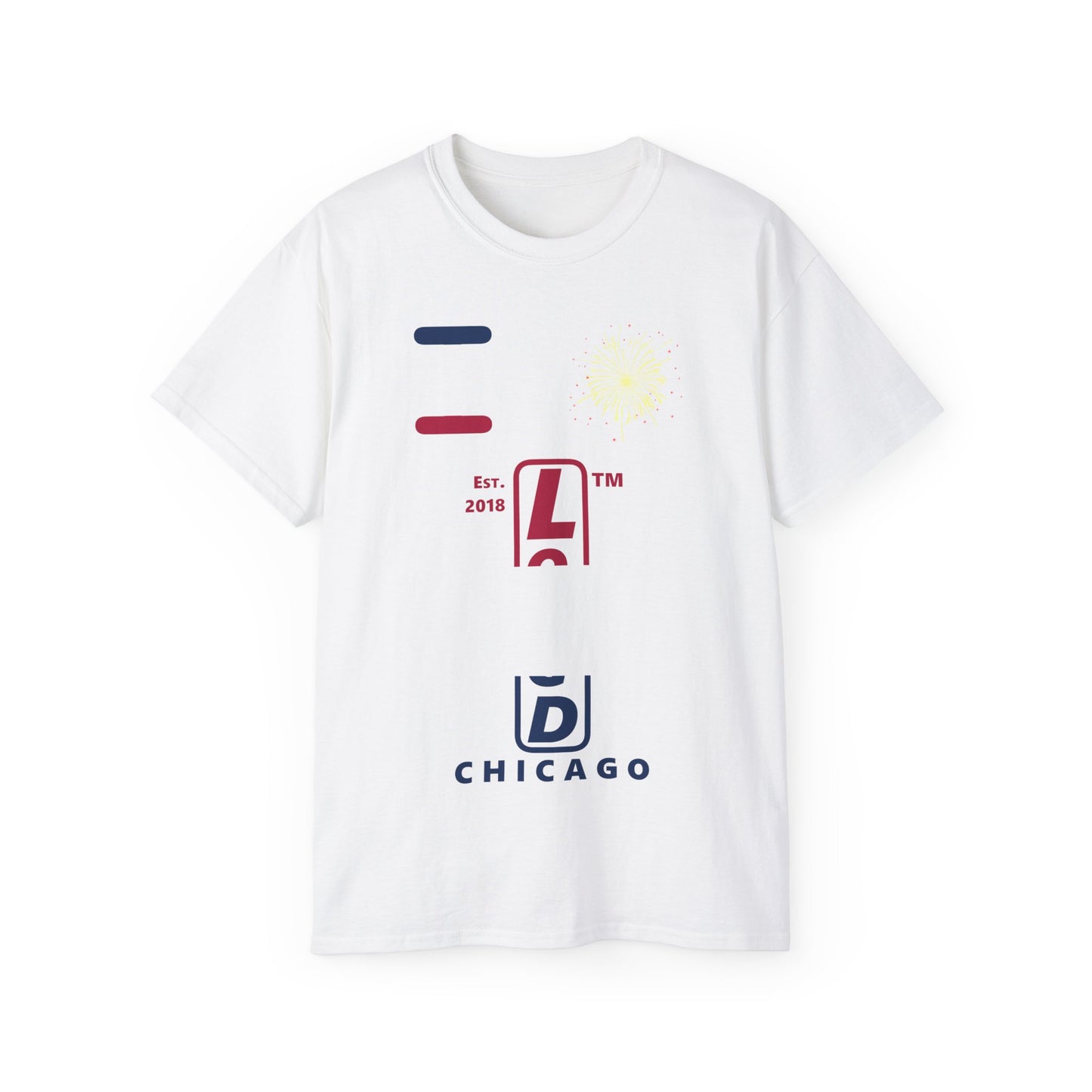 I Burst LongD cotton tee positive horizontal 3-striped Chicago upright logo (Patriotic colors)
