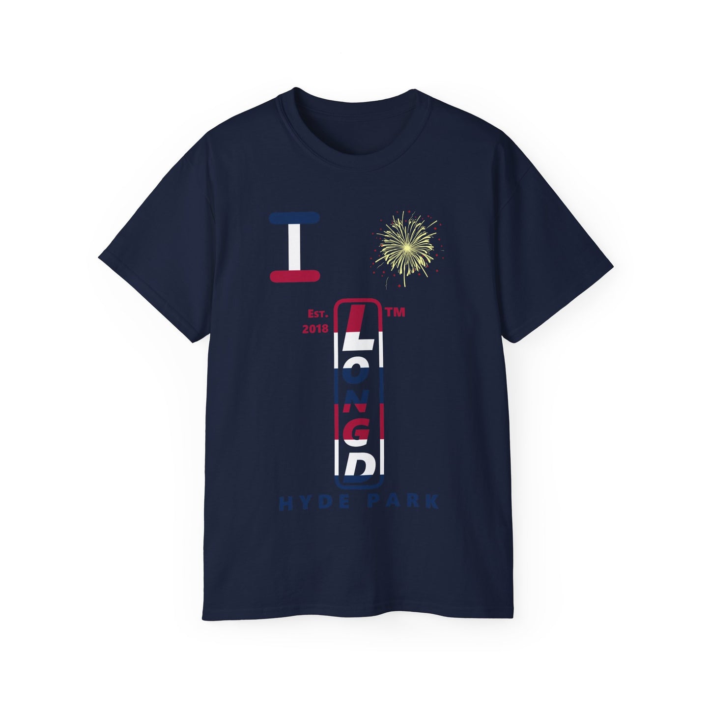 I Burst LongD cotton tee positive horizontal 6-striped Hyde Park upright logo (Patriotic colors)